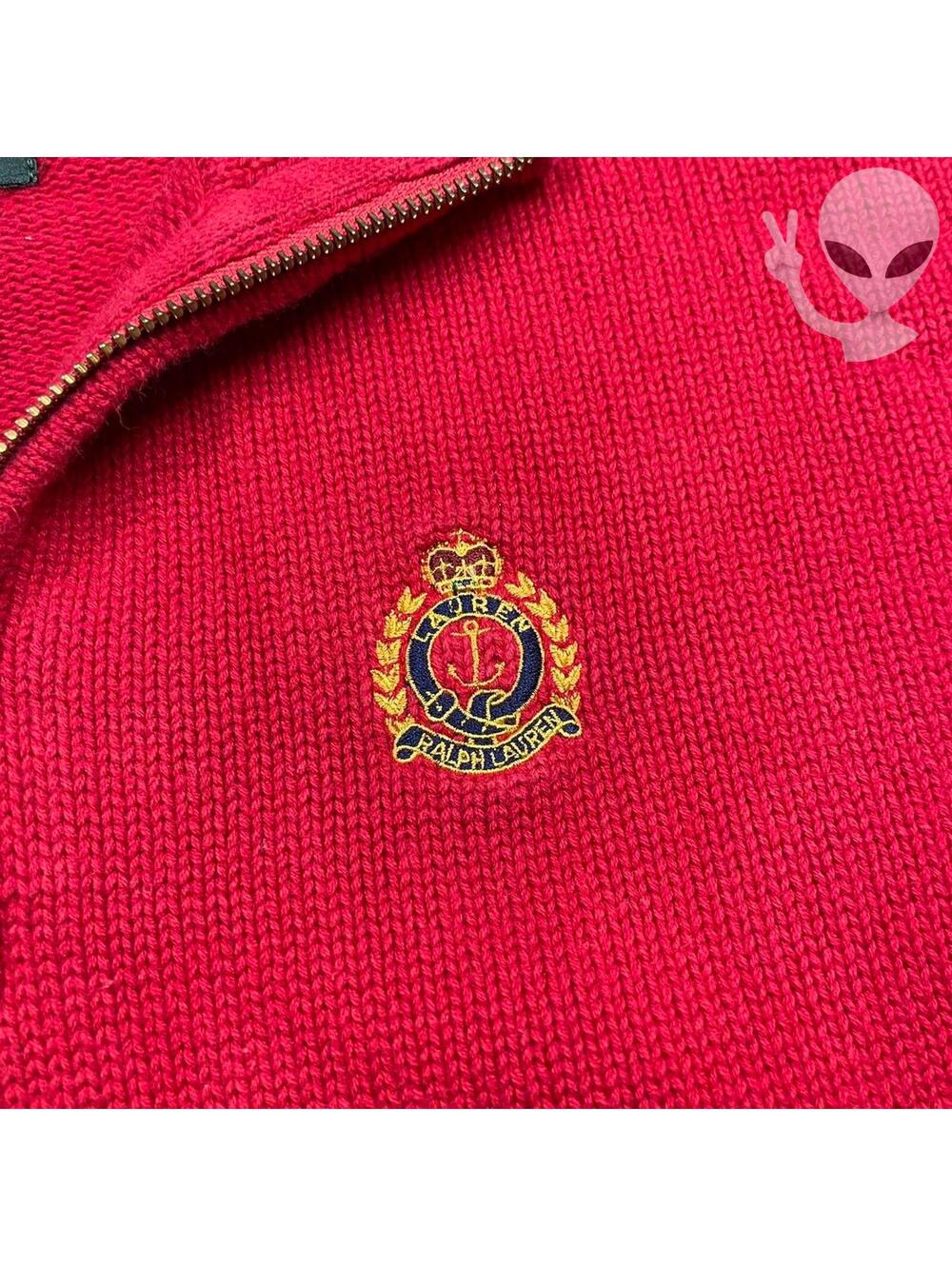 Lauren Ralph Lauren Knit Sweater Petite Medium Red Quarterzip Preppy Crest 90s - Picture 2 of 8
